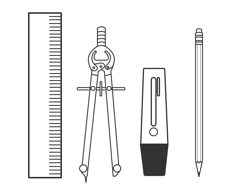 Règle, compas, surligneur et crayon