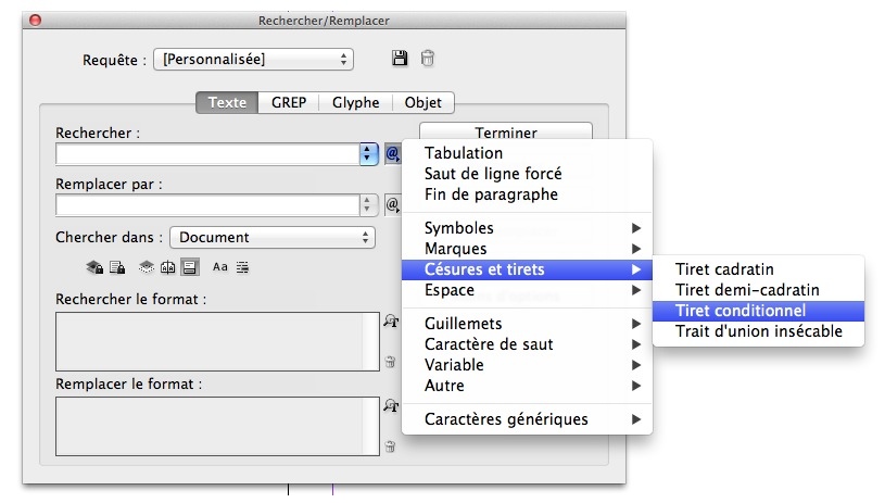 Pour éviter le bug des tirets conditionnels dans iBooks, il ne faut pas oublier de les retirer dans le fichier source InDesign. Un rechercher–remplacer suffit.