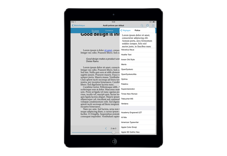 Bluefire Reader permet par exemple au lecteur de piocher parmi toutes les polices disponibles sur iOS (ou presque).