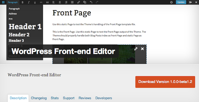 Page du plugin WordPress Front-end Editor